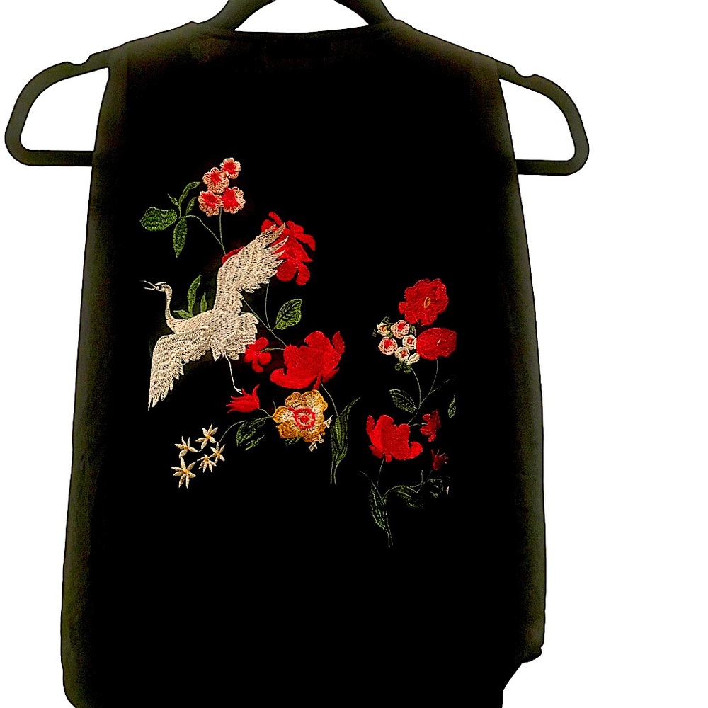 NWT Miss Love Asian Nature Bird Scene Kimono Duster Cover Up S/M | Silk Feel